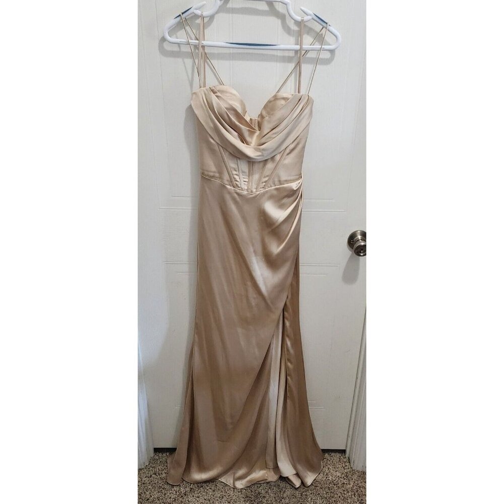 GB Gianna Bini Social Corset Cowl Neck Lace-Up Back Slit Satin Long Dress Size 7